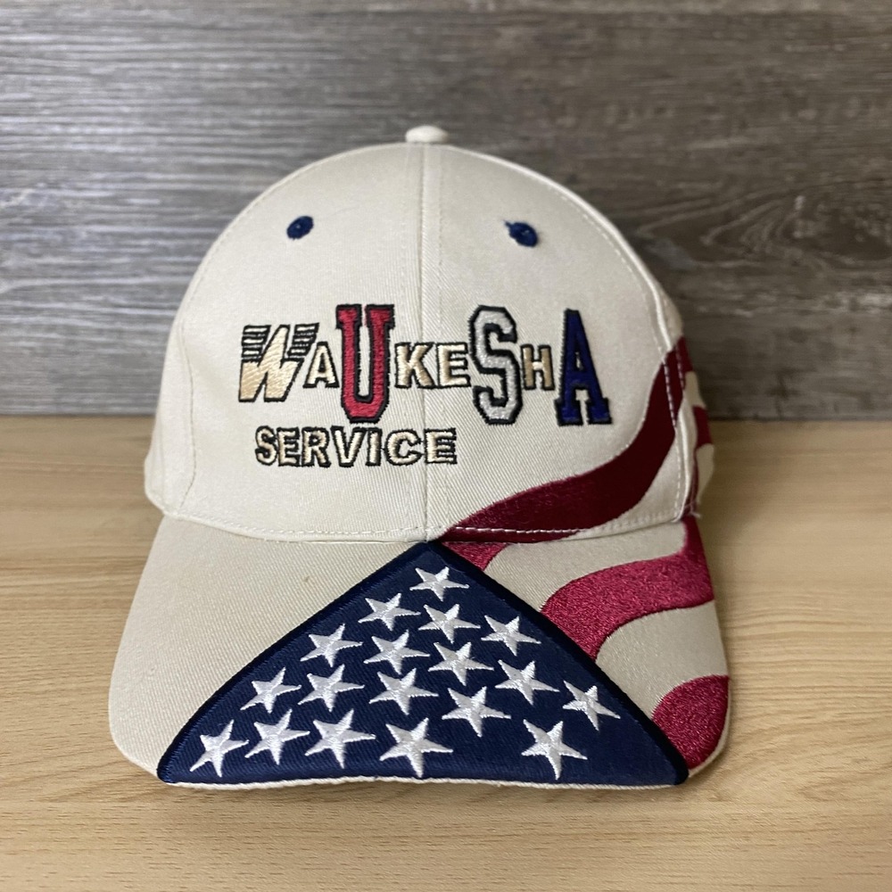 Waukesha Hat Cap Strap Back American Flag Embroidered Patriotic Mens Workwear